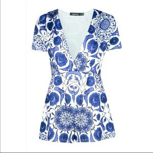 Blue and White Floral Shorts Romper